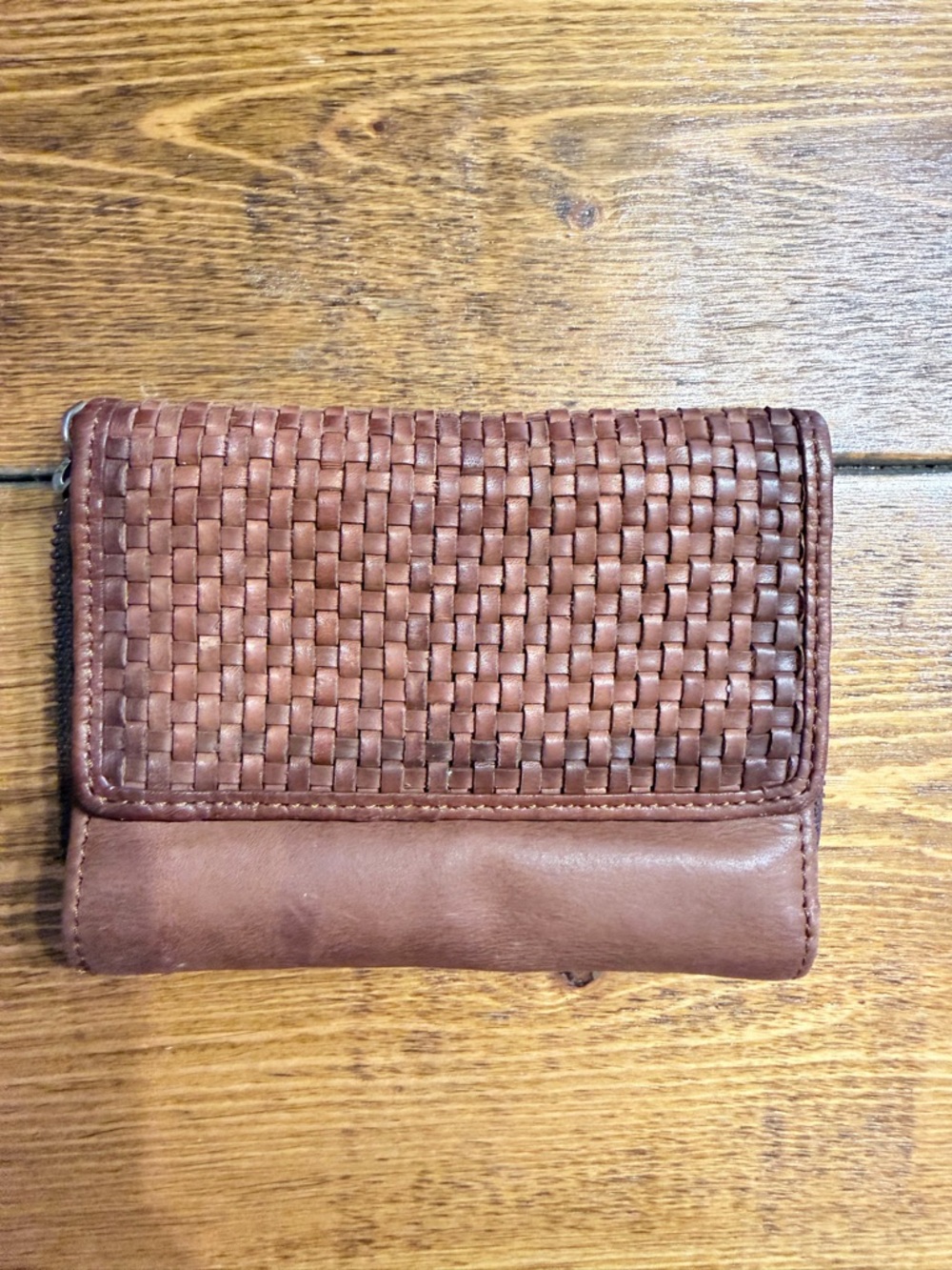 Woven Leather Trifold Wallet - Brown